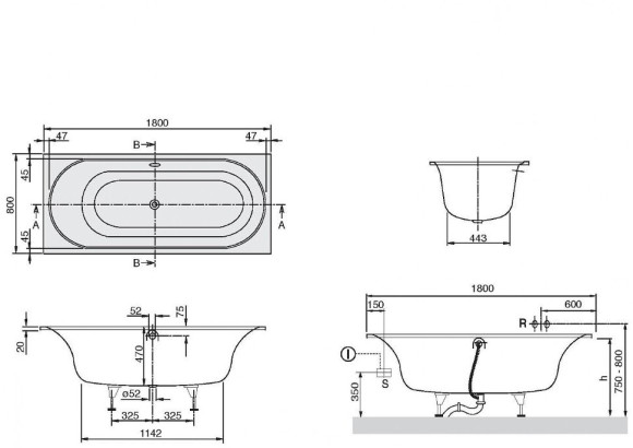 Ванна кварилова Villeroy&Boch Cetus, 180х80 (UBQ180CEU2V-01)
