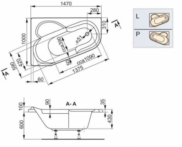 Ванна акриловая Vagnerplast Selena 160T, правая, 147x100 (VPBA163SEL3PX-04)
