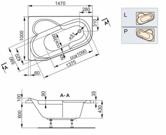 Ванна акриловая Vagnerplast Selena 160T, правая, 147x100 (VPBA163SEL3PX-04)