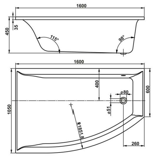 Ванна акрилова Vangerplast Veronella, ліва, 160х105 (VPBA167VEA2X-01)