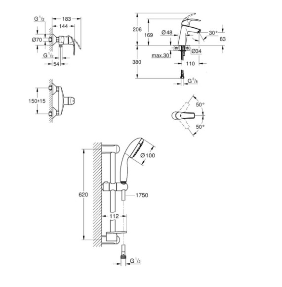 Комплект змішувачів 3 в 1 Grohe Eurosmart, хром (UA123244M0)