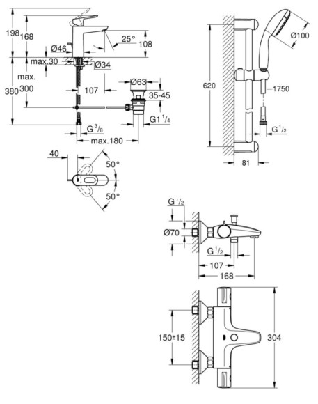 Комплект смесителей 3 в 1 Grohe Grohtherm 800, хром (UA34550TM0)