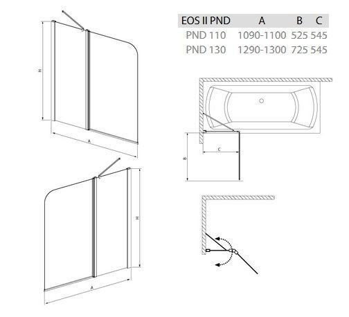 Шторка для ванны Radaway Eos II PND 130 L, левая, 152x130 (206213-01L)