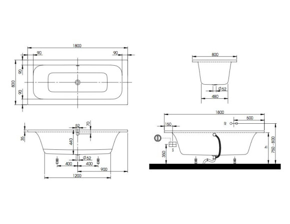 Ванна акриловая Villeroy&Boch Loop&Friends Square, 180х80 (UBA180LFS2V-96)