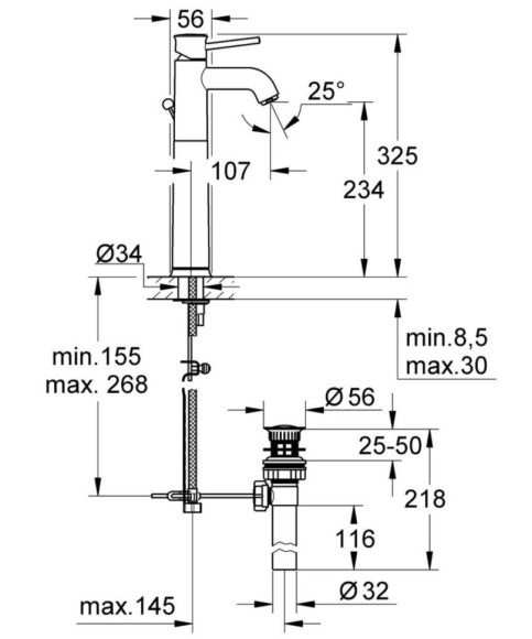 Змішувач для умивальника Grohe BauClassic, одноважільний, хром (32868000)