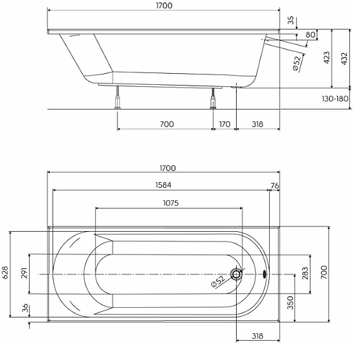 Ванна акрилова Kolo Opal Plus, 170x70 (XWP137000N)