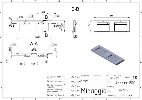 Умивальник AGNESS 1500 MIRASOFT