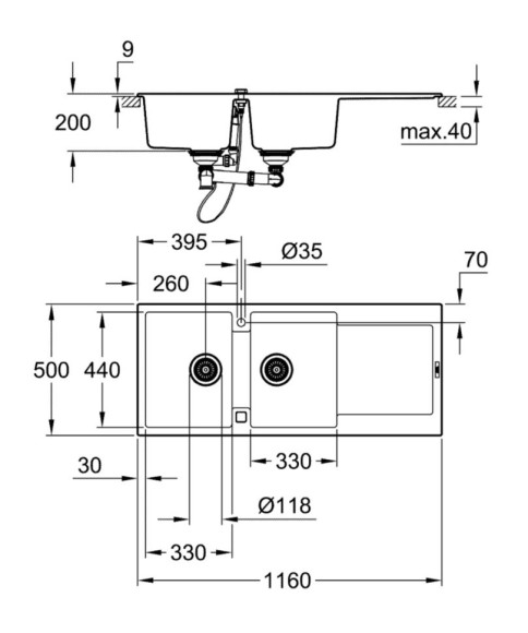 Кухонна мийка гранітна Grohe K500, 116x50, сірий (31647AT0)