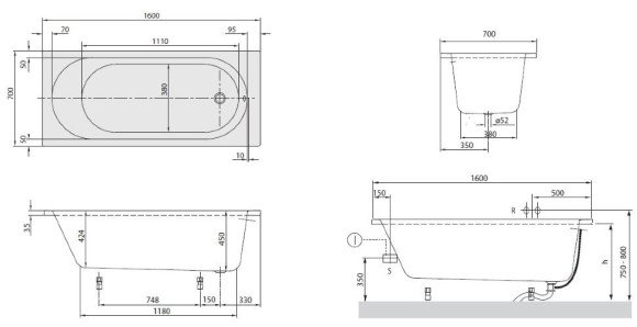 Ванна акриловая Villeroy&Boch O.novo, 160х70 (UBA160CAS2V-01)