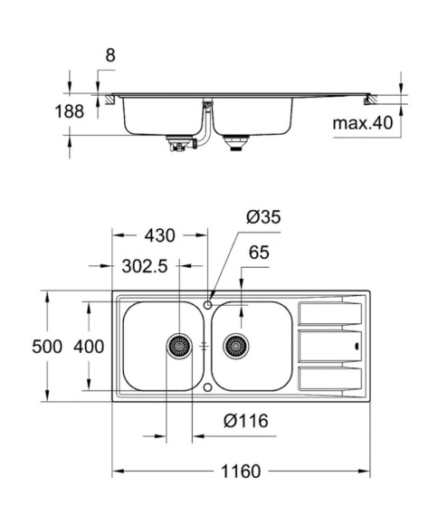 Кухонна мийка сталева Grohe K400, 116x50 (31587SD0)